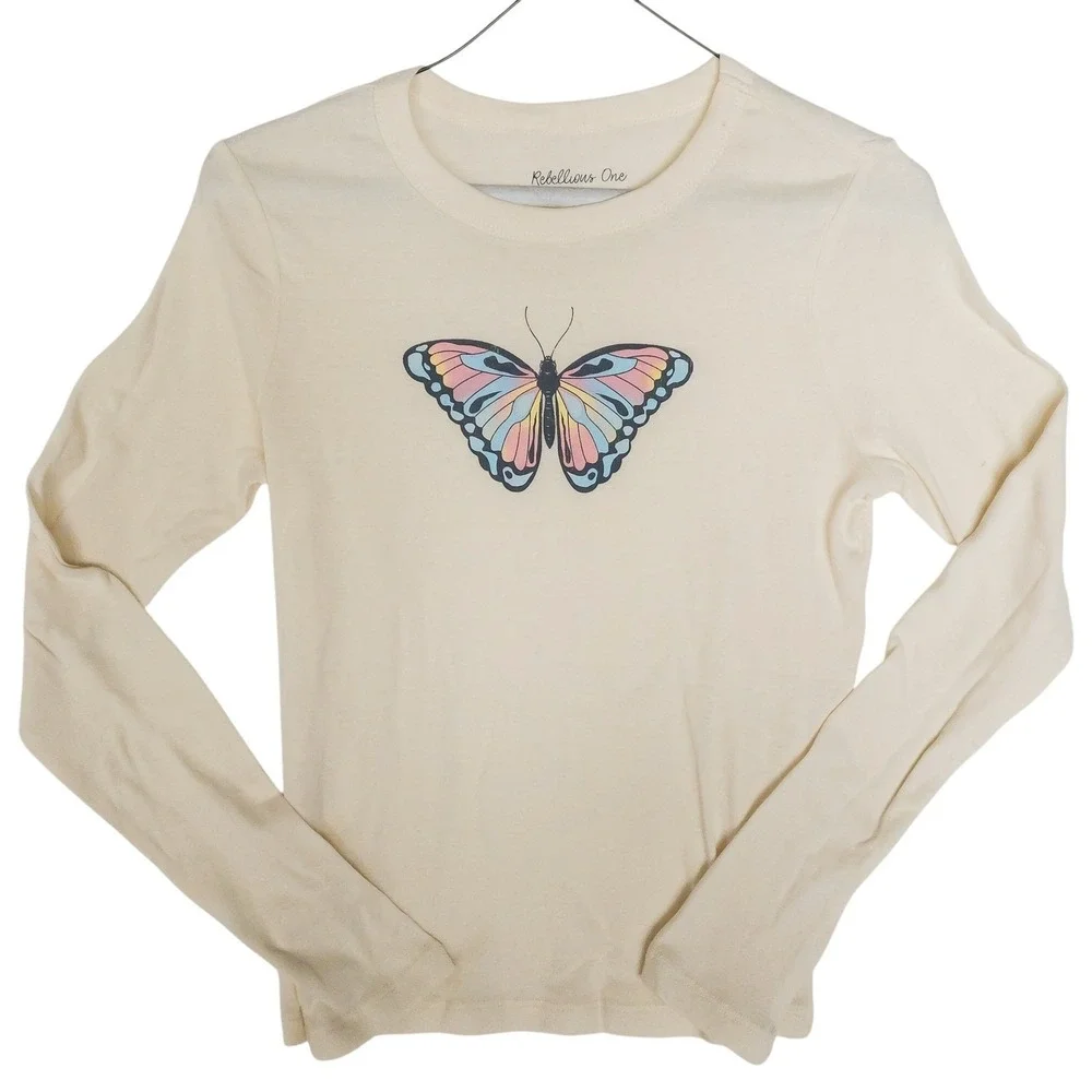 Rebellious One Graphic Tee Girls Small Antique White Butterfly 100% Cotton